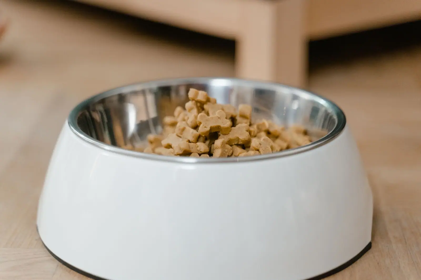 A white bowl of dry cat kibble on a wooden floor